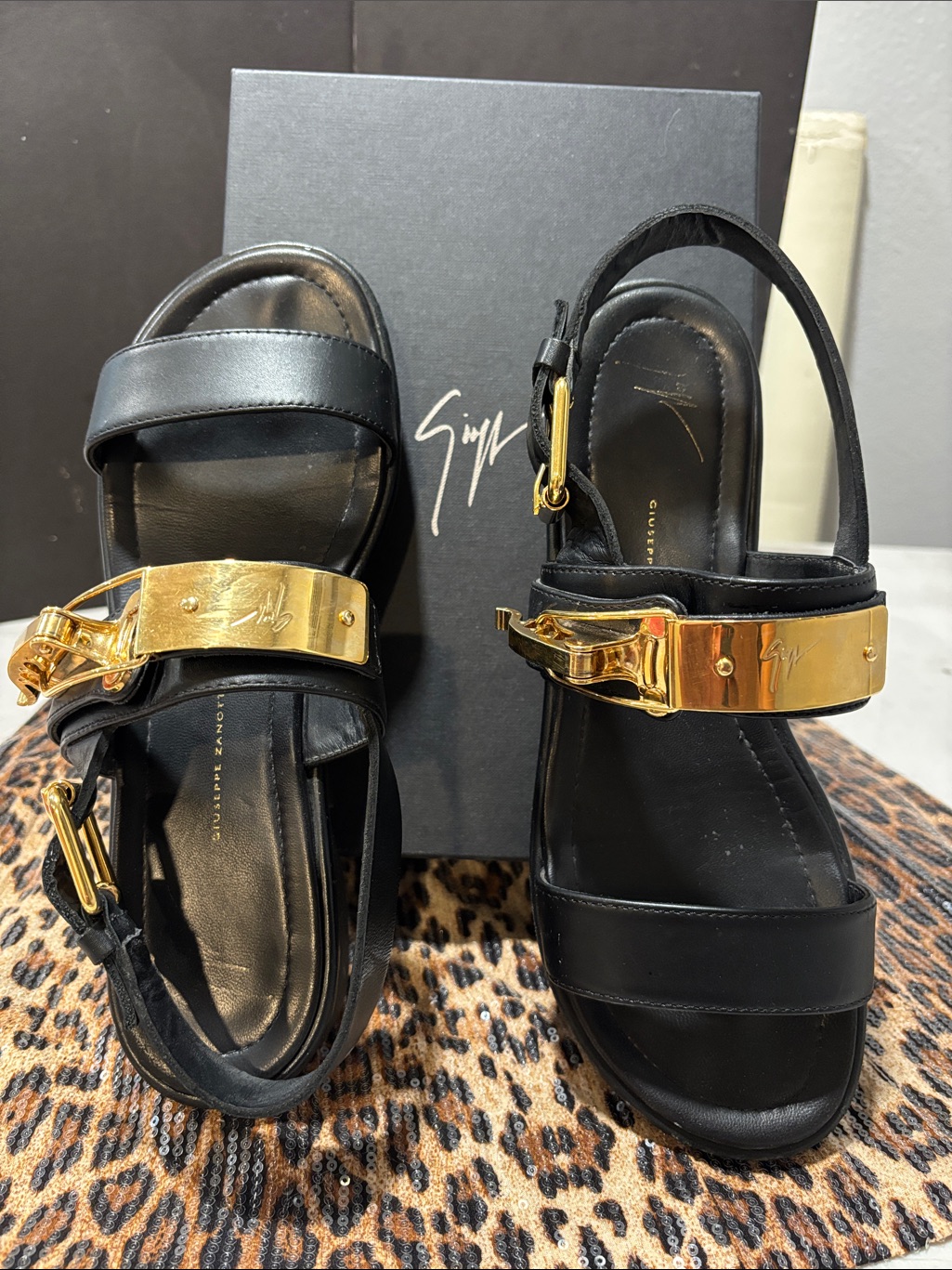 Giuseppe Zanotti Black Leather Sandals With Gold Plate Buckle